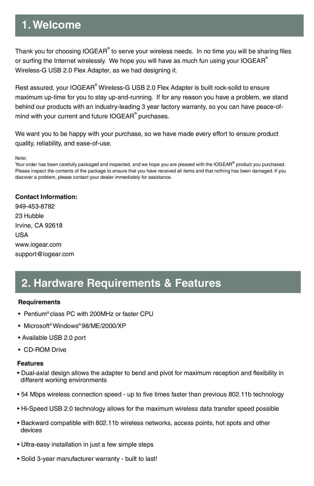 IOGear GWU513 quick start Welcome, Hardware Requirements & Features 