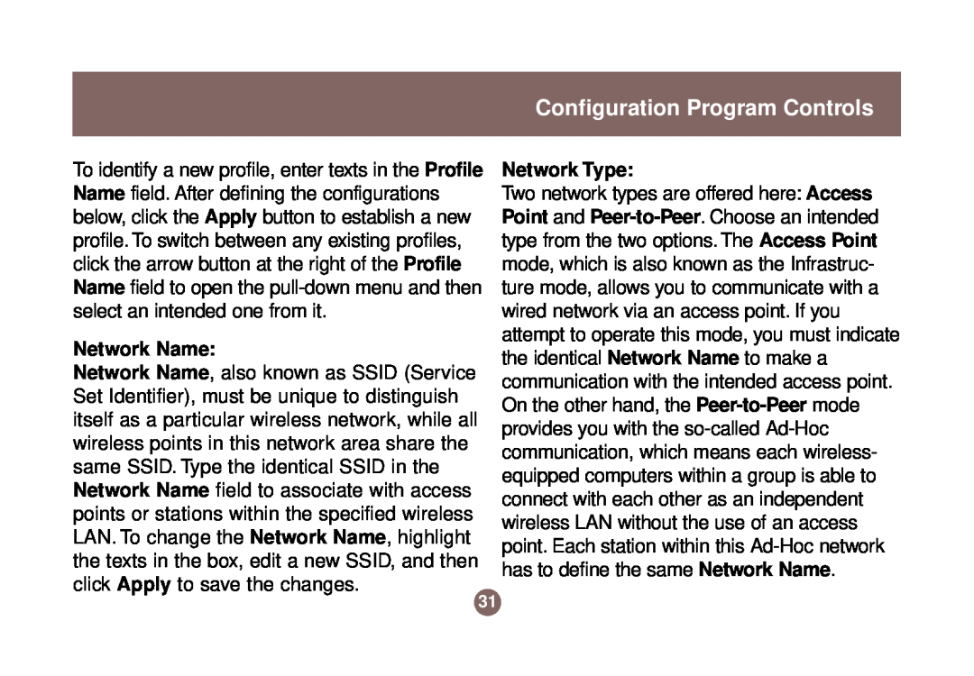 IOGear GWU513 user manual Network Name, Network Type, Configuration Program Controls 