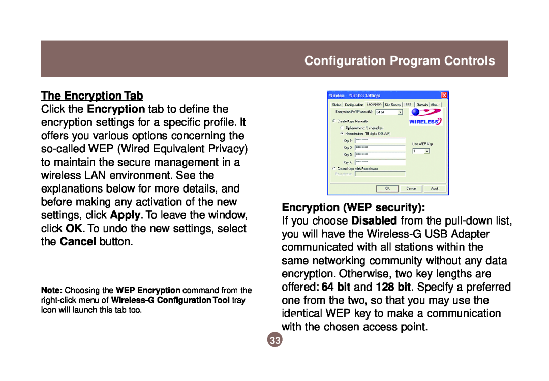 IOGear GWU513 user manual The Encryption Tab, Encryption WEP security, Configuration Program Controls 