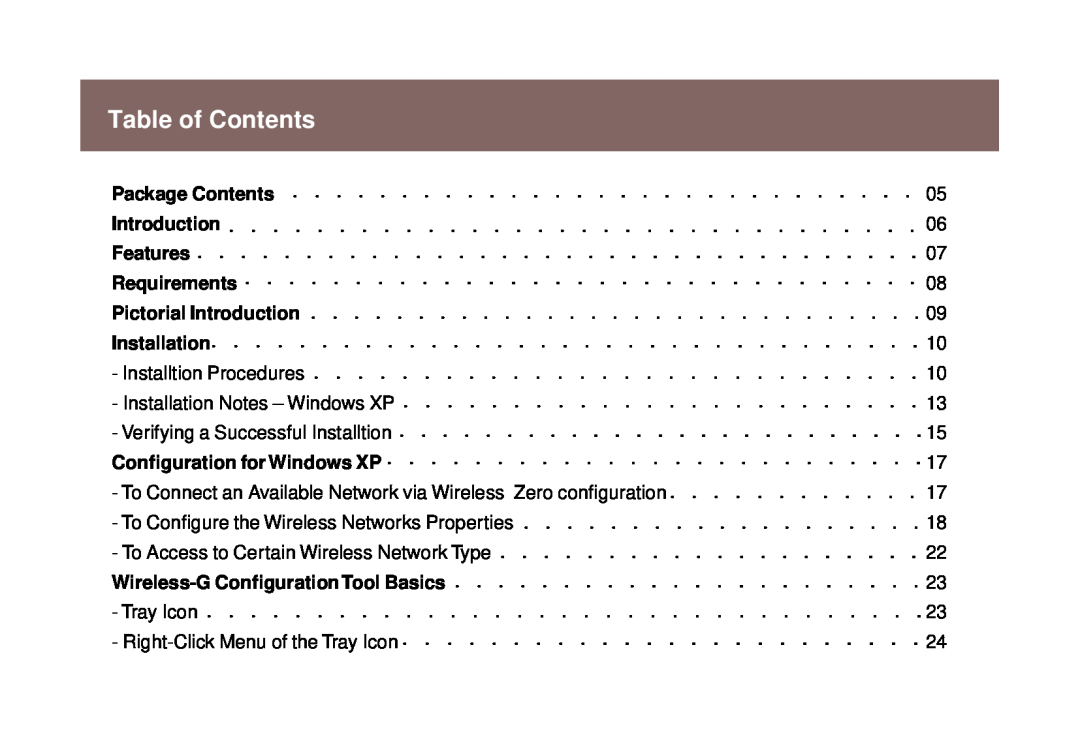 IOGear GWU513 Table of Contents, Package Contents, Features, Requirements, Pictorial Introduction, Installation 