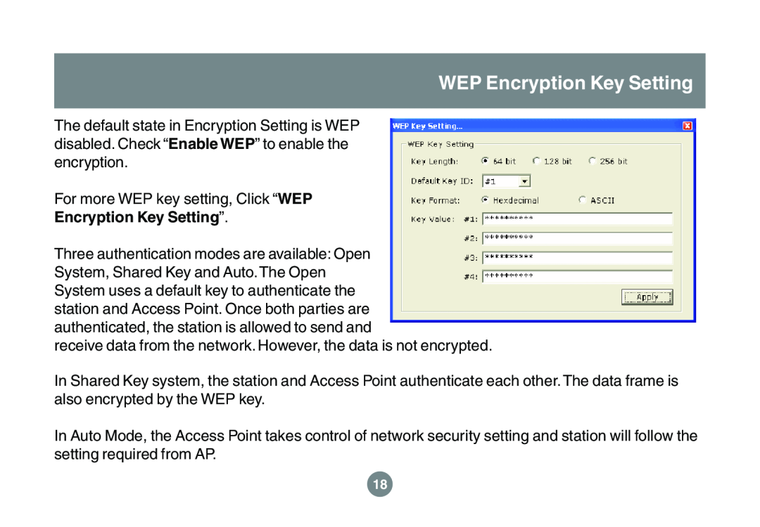 IOGear GWU523 user manual Encryption Key Setting”, WEP Encryption Key Setting 
