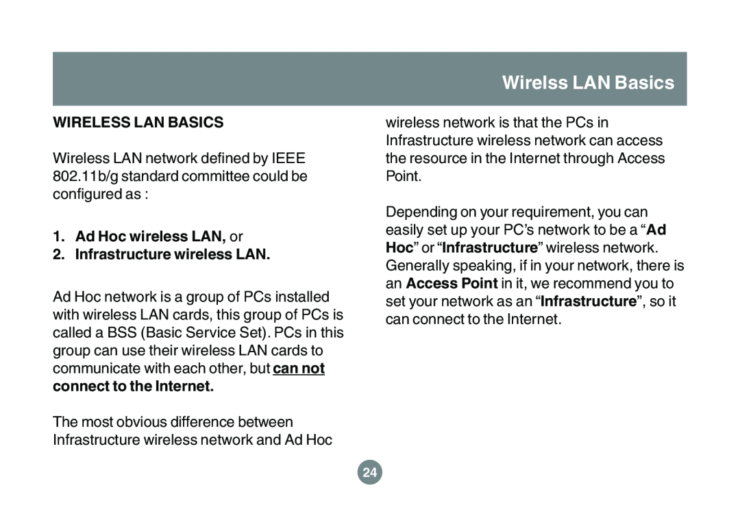 IOGear GWU523 user manual Wirelss LAN Basics, Wireless Lan Basics, Ad Hoc wireless LAN, or 2. Infrastructure wireless LAN 