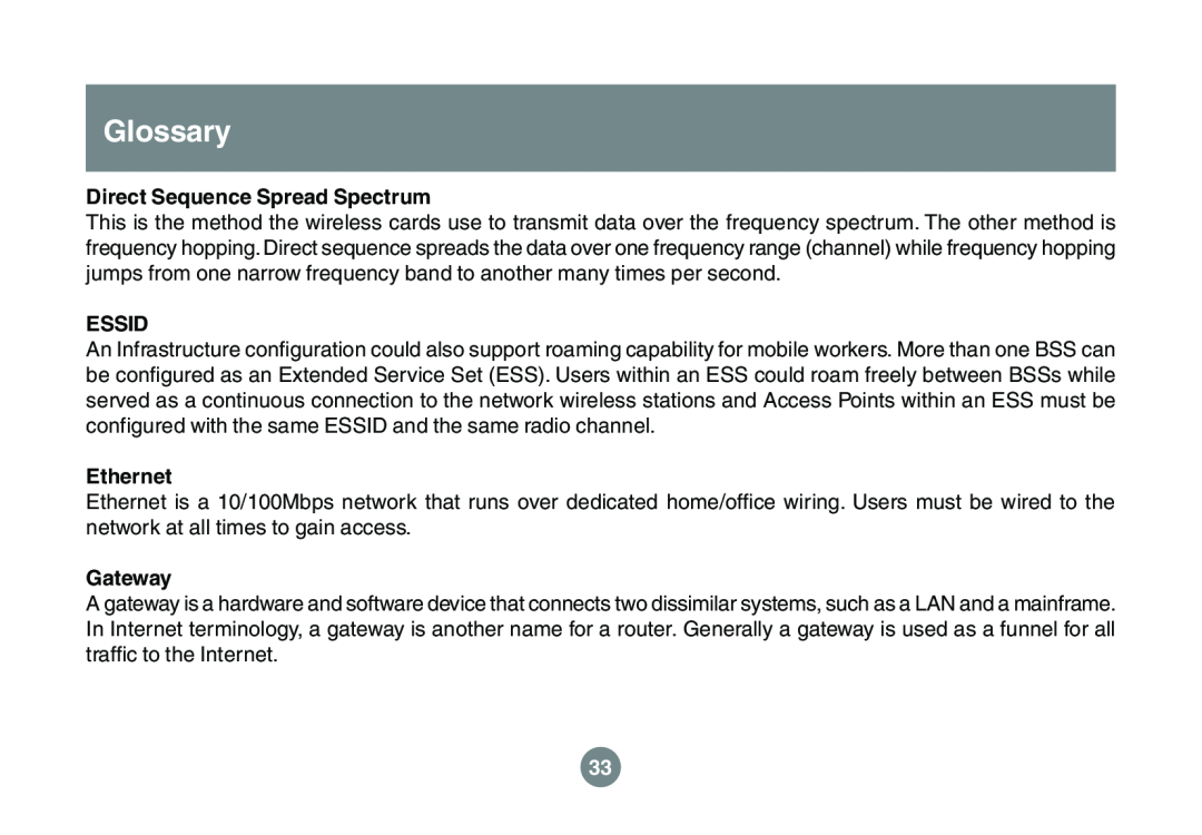 IOGear GWU523 user manual Glossary, Direct Sequence Spread Spectrum, Essid, Ethernet, Gateway 