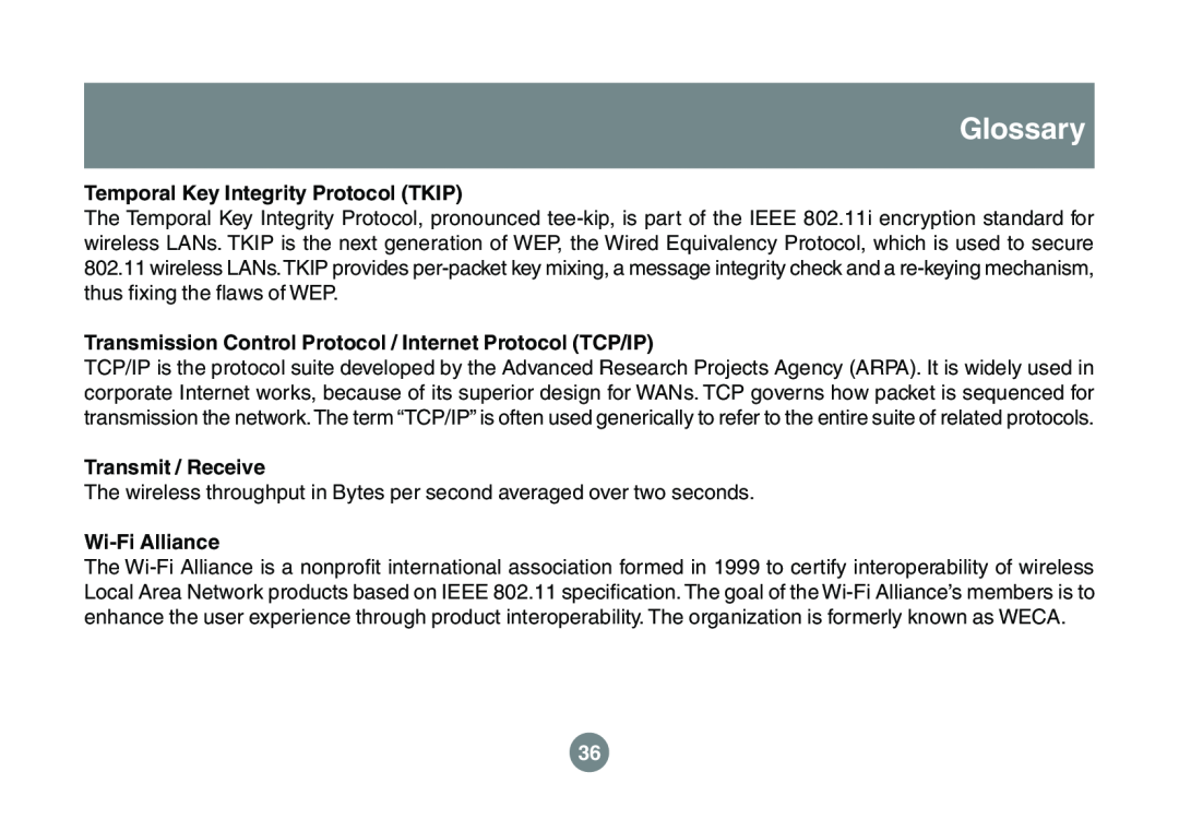 IOGear GWU523 Glossary, Temporal Key Integrity Protocol TKIP, Transmission Control Protocol / Internet Protocol TCP/IP 
