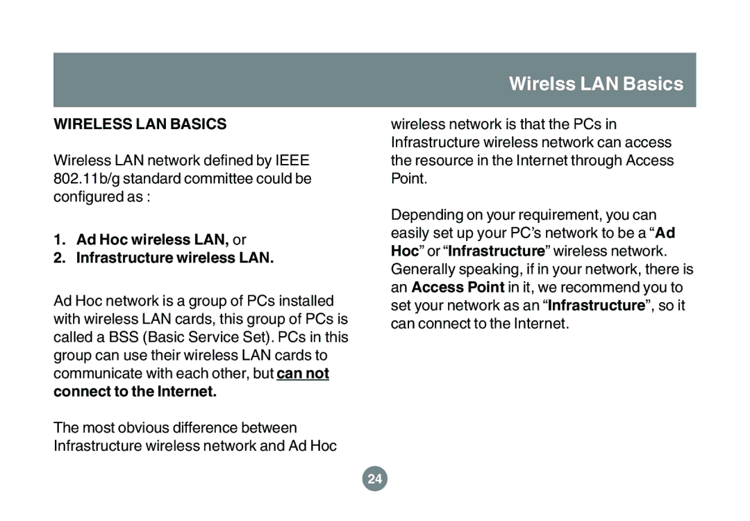 IOGear GWU523 user manual Wirelss LAN Basics, Ad Hoc wireless LAN, or Infrastructure wireless LAN 