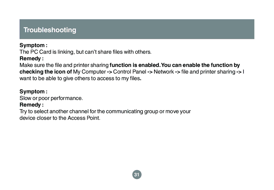 IOGear GWU523 user manual PC Card is linking, but can’t share files with others 