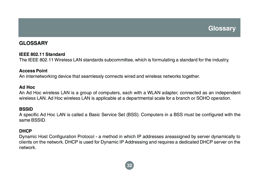 IOGear GWU523 user manual Glossary, Ieee 802.11 Standard, Access Point, Ad Hoc 