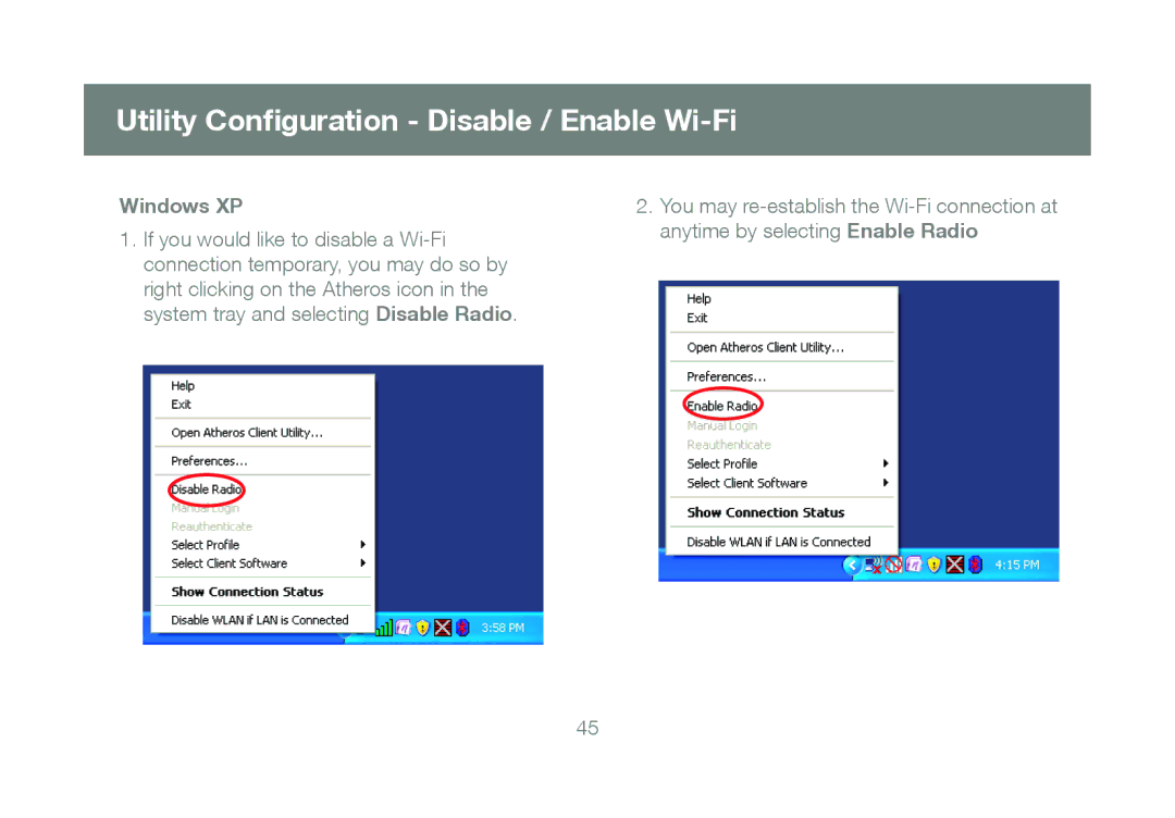 IOGear GWU623 manual Utility Conﬁguration Disable / Enable Wi-Fi, Windows XP 