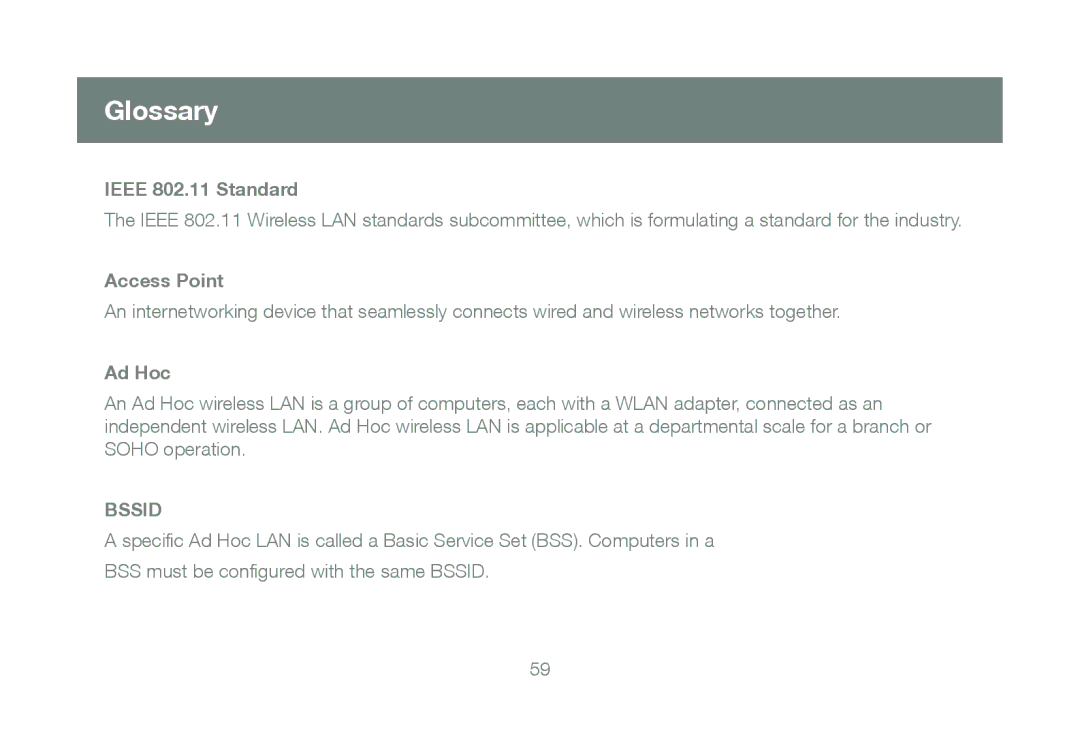 IOGear GWU623 manual Glossary, Ieee 802.11 Standard, Access Point, Ad Hoc 