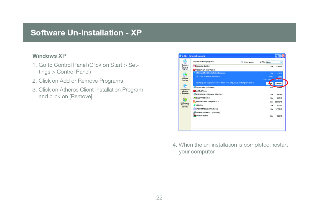 IOGear GWU623 manual Software Un-installation - XP, Windows XP, Go to Control Panel Click on Start Set- tings Control Panel 