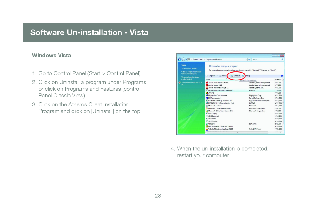 IOGear GWU623 manual Software Un-installation - Vista, Go to Control Panel Start Control Panel, Windows Vista 