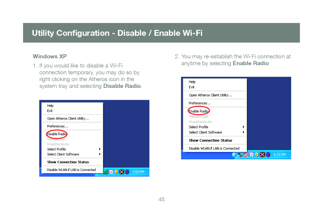 IOGear GWU623 manual Utility Conﬁguration - Disable / Enable Wi-Fi, Windows XP 