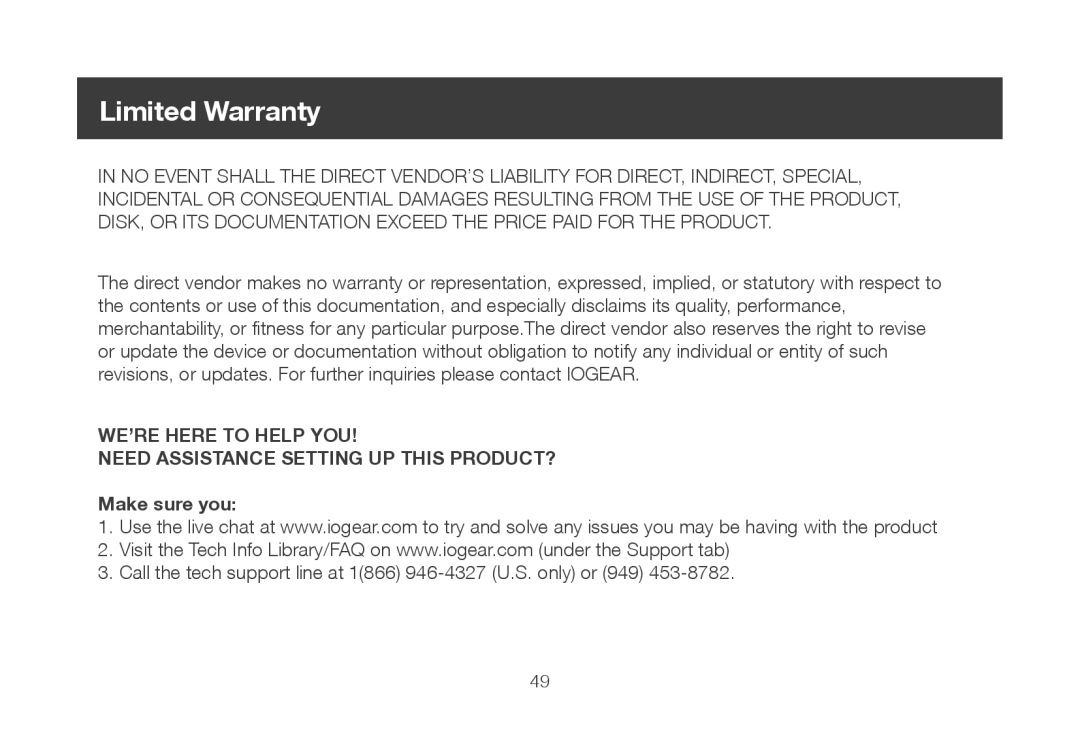 IOGear GWU647 manual Limited Warranty 