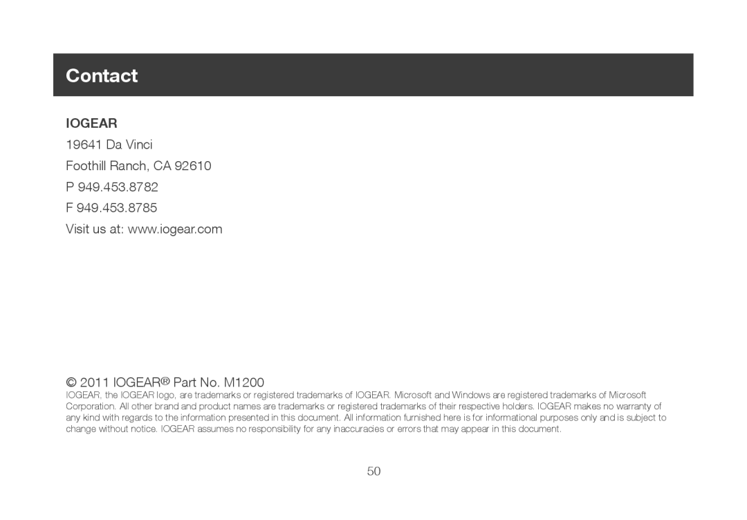 IOGear GWU647 manual Contact, Iogear 