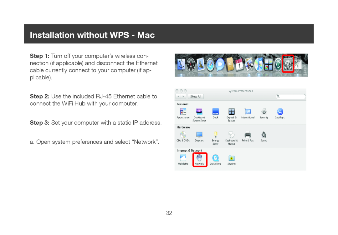 IOGear GWU647 manual Installation without WPS - Mac, a. Open system preferences and select “Network” 