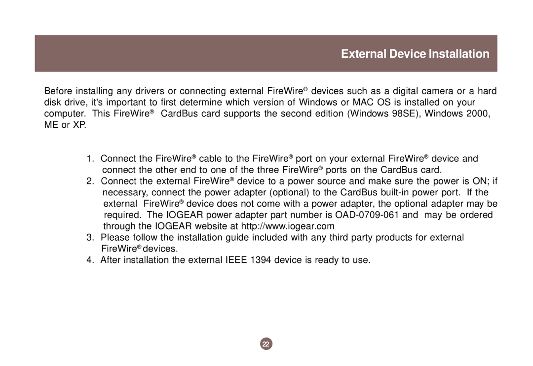 IOGear IEEE 1394 user manual External Device Installation 