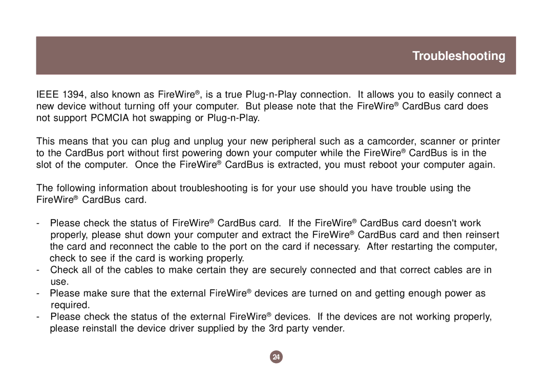 IOGear IEEE 1394 user manual Troubleshooting 