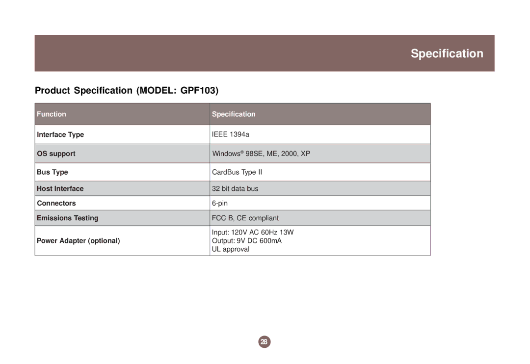 IOGear IEEE 1394 user manual Product Specification Model GPF103 