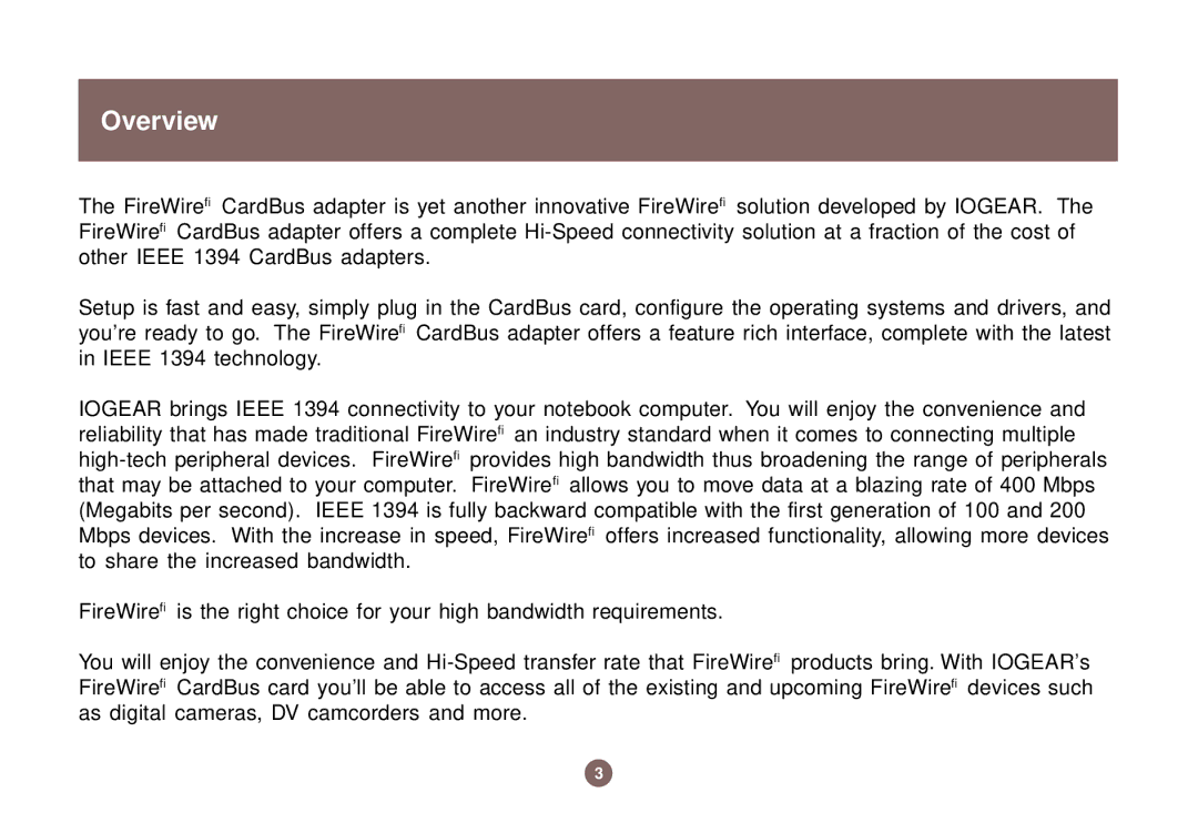 IOGear IEEE 1394 user manual Overview 