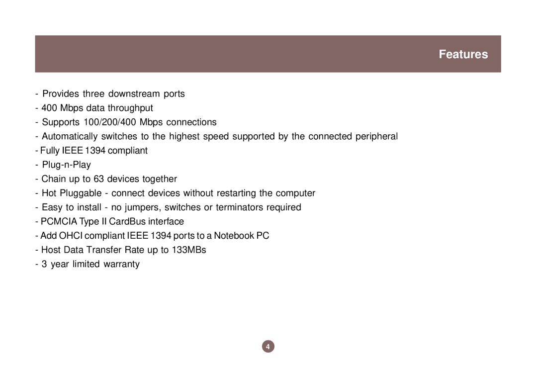 IOGear IEEE 1394 user manual Features 