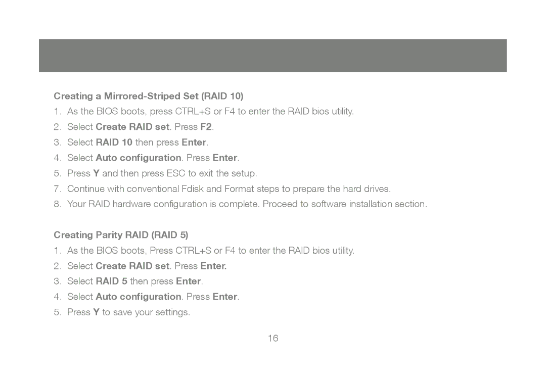 IOGear M0557 manual Creating a Mirrored-Striped Set RAID, Select Create RAID set. Press F2, Creating Parity RAID RAID 