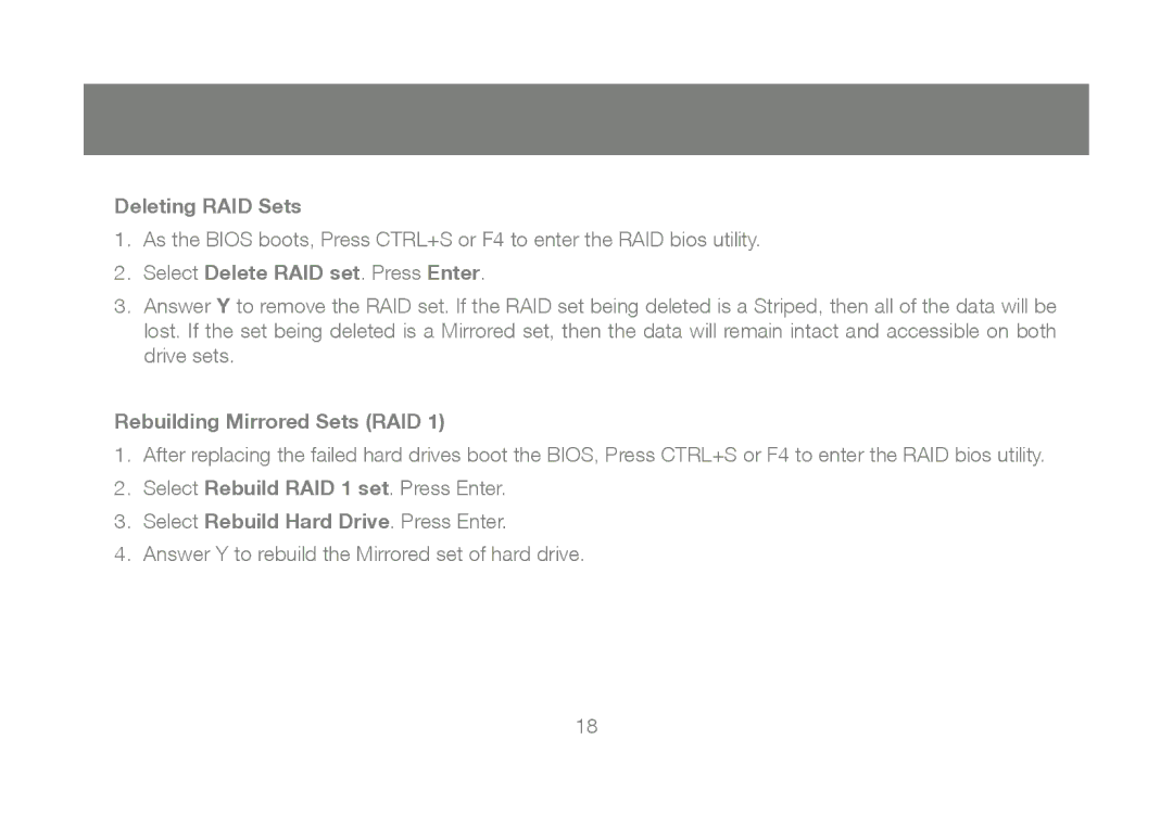 IOGear M0557, GICe702S3R5W6 manual Deleting RAID Sets, Select Delete RAID set. Press Enter, Rebuilding Mirrored Sets RAID 