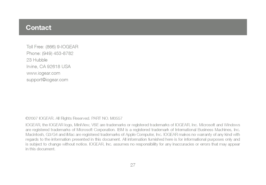 IOGear GICe702S3R5W6, M0557 manual Contact, Toll Free 866 9-IOGEAR Phone 949 453-8782 23 Hubble 