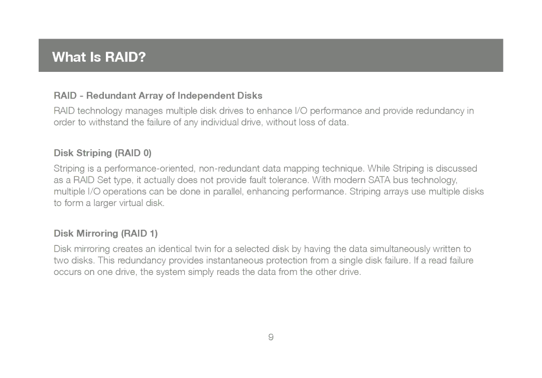 IOGear GICe702S3R5W6 What Is RAID?, RAID Redundant Array of Independent Disks, Disk Striping RAID, Disk Mirroring RAID 