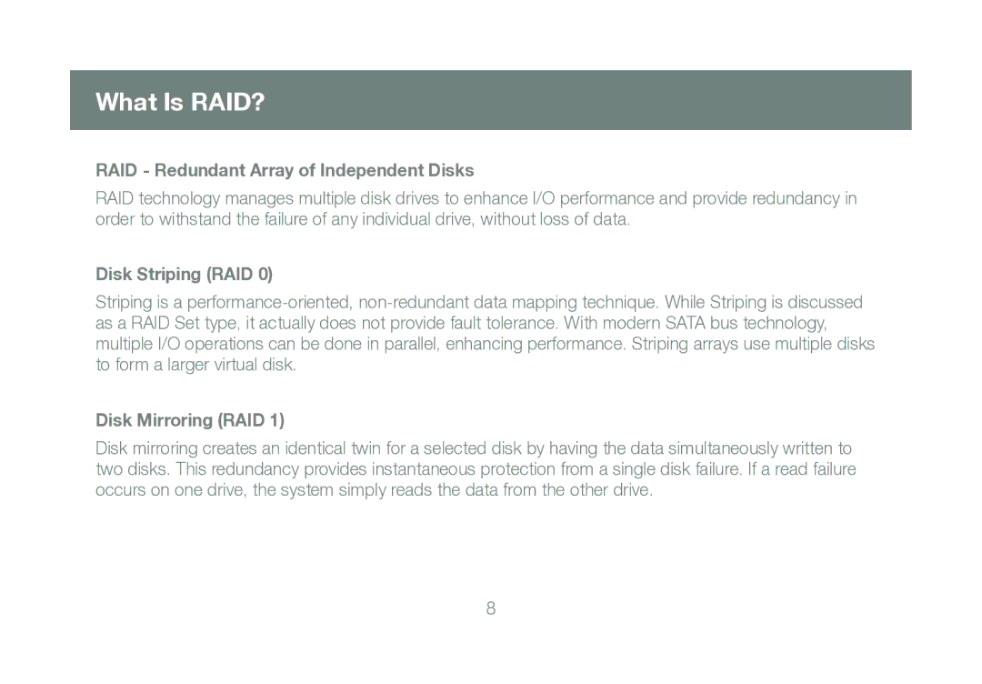 IOGear M0560 manual What Is RAID?, RAID Redundant Array of Independent Disks, Disk Striping RAID, Disk Mirroring RAID 