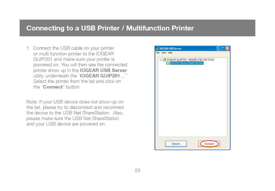 IOGear M1023 user manual Connecting to a USB Printer / Multifunction Printer 