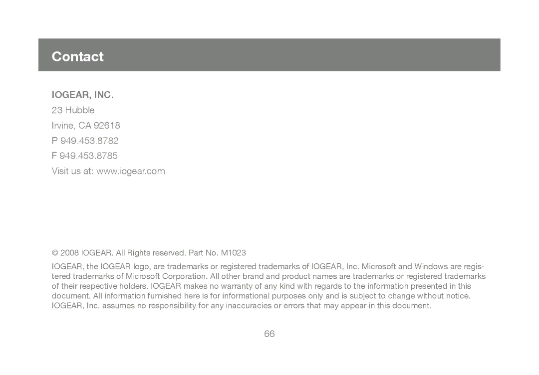 IOGear M1023 user manual Contact, Iogear, Inc 