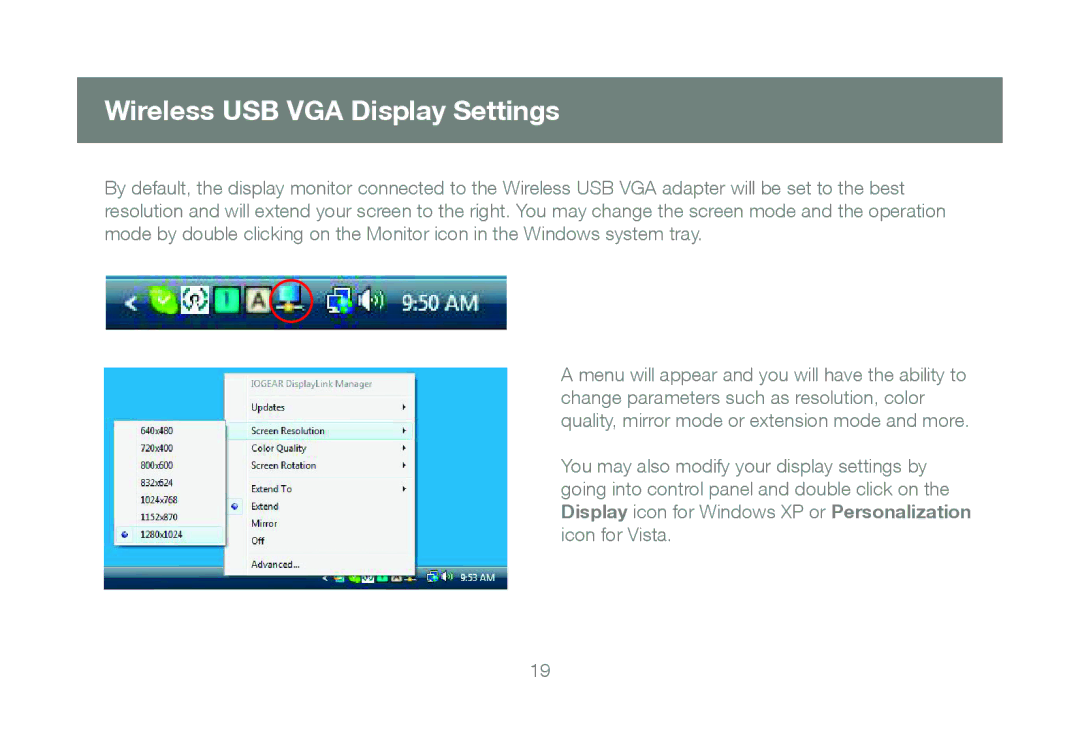 IOGear M1063 manual Wireless USB VGA Display Settings 