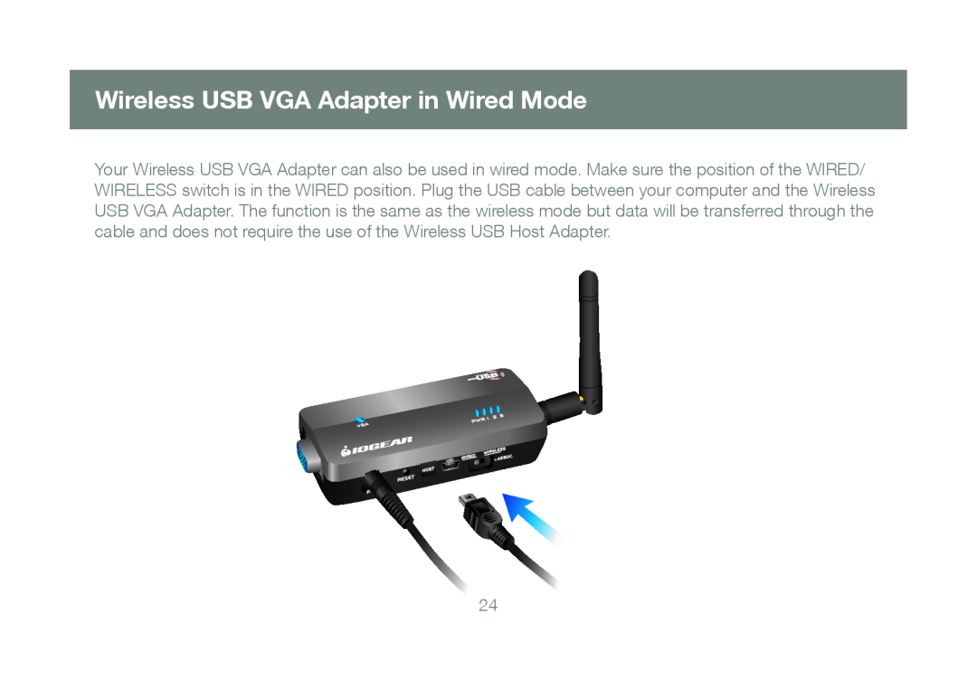 IOGear M1063 manual Wireless USB VGA Adapter in Wired Mode 