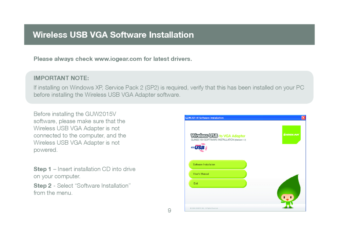 IOGear M1063 manual Wireless USB VGA Software Installation, Important Note 