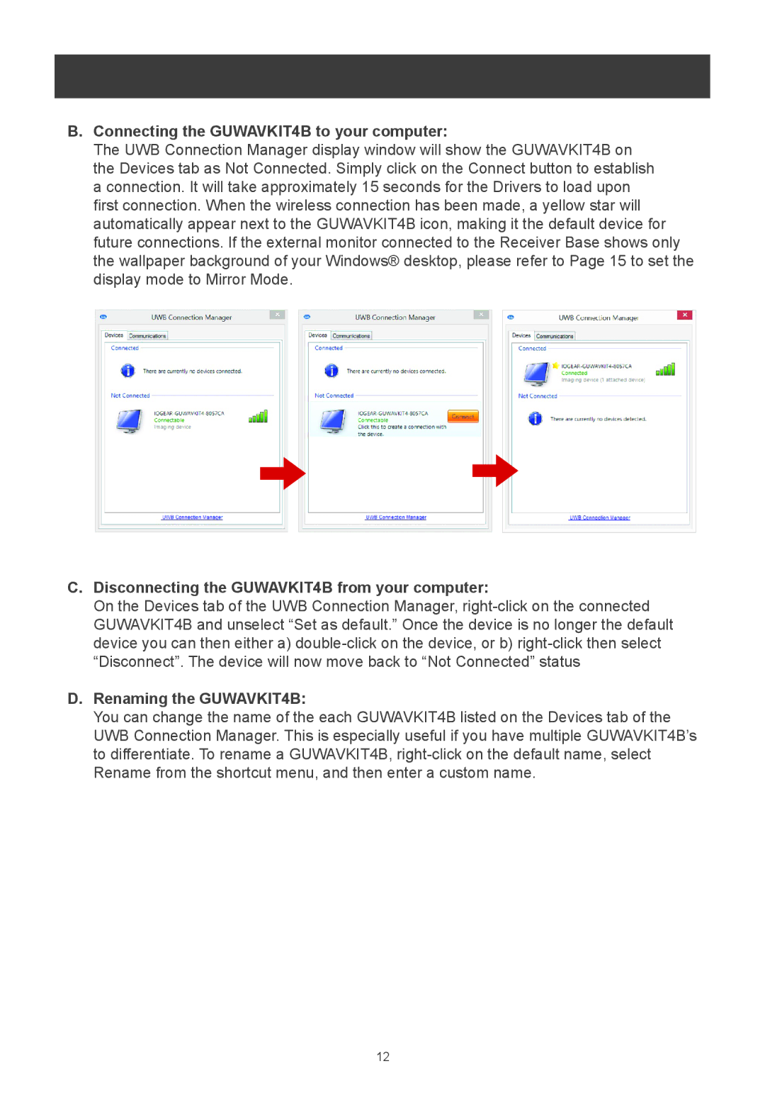 IOGear m1281 user manual Connecting the GUWAVKIT4B to your computer, Disconnecting the GUWAVKIT4B from your computer 