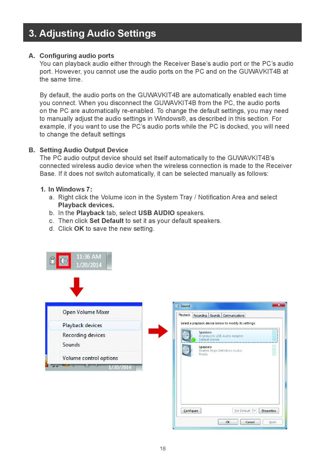 IOGear m1281 Adjusting Audio Settings, Configuring audio ports, Setting Audio Output Device, Windows, Playback devices 