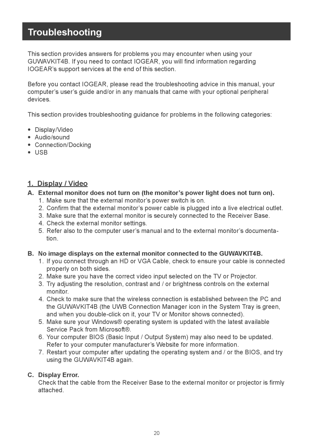 IOGear m1281 user manual Troubleshooting, Display Error 