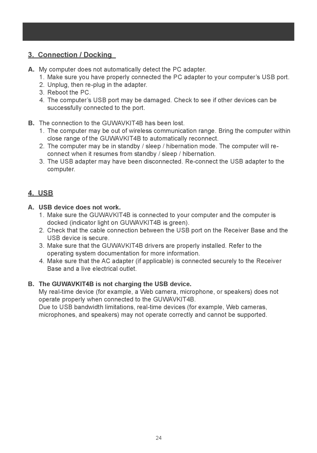 IOGear m1281 user manual USB device does not work, GUWAVKIT4B is not charging the USB device 