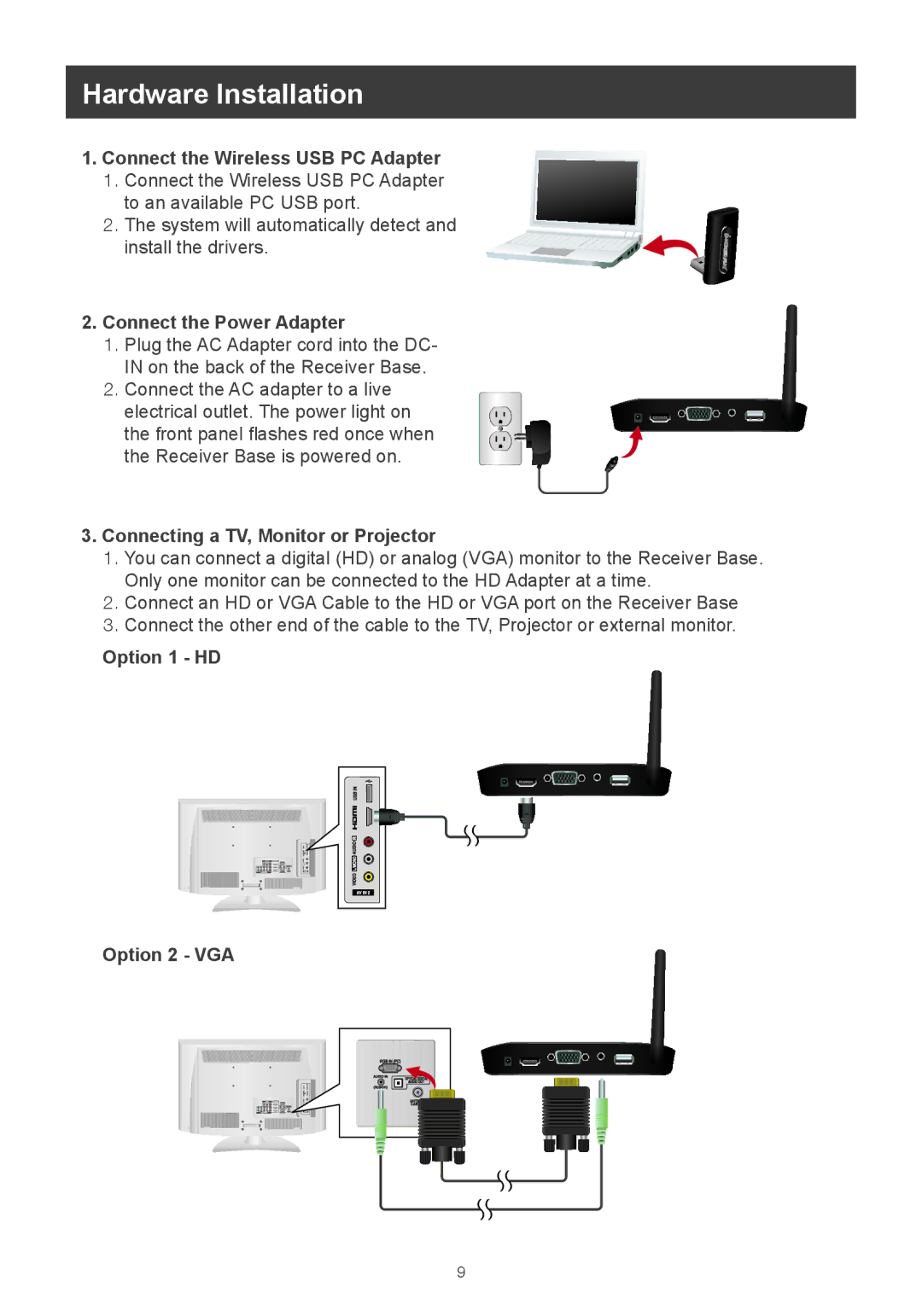 IOGear m1281 user manual Hardware Installation, Connect the Wireless USB PC Adapter, Connect the Power Adapter 