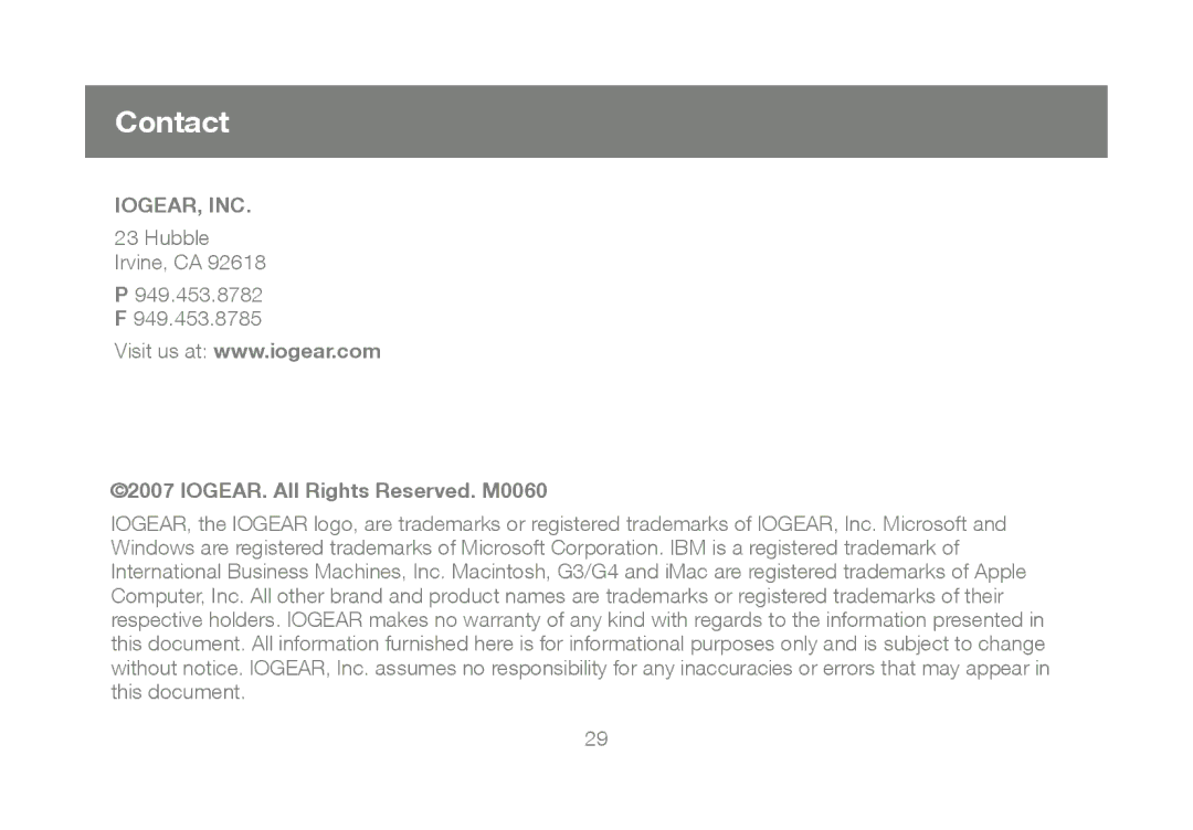 IOGear GUB211, M1327 manual Contact, IOGEAR. All Rights Reserved. M0060 