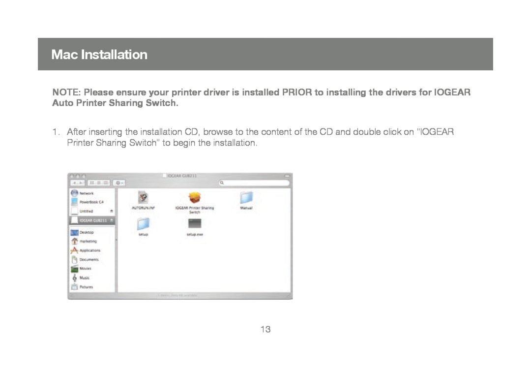 IOGear GUB211, M1327 manual Mac Installation 