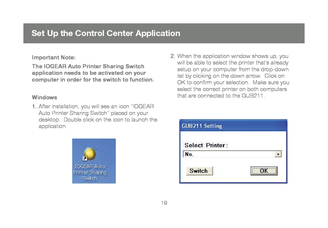 IOGear GUB211, M1327 manual Set Up the Control Center Application, Important Note, Windows 