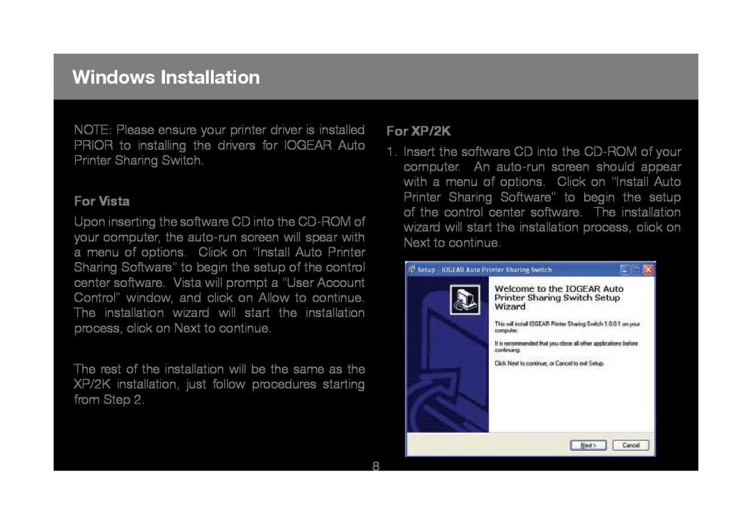 IOGear M1327, GUB211 manual Windows Installation, For Vista, For XP/2K 