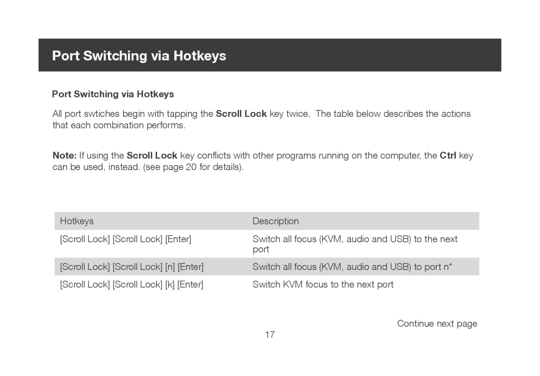 IOGear ocs1924 user manual Port Switching via Hotkeys 