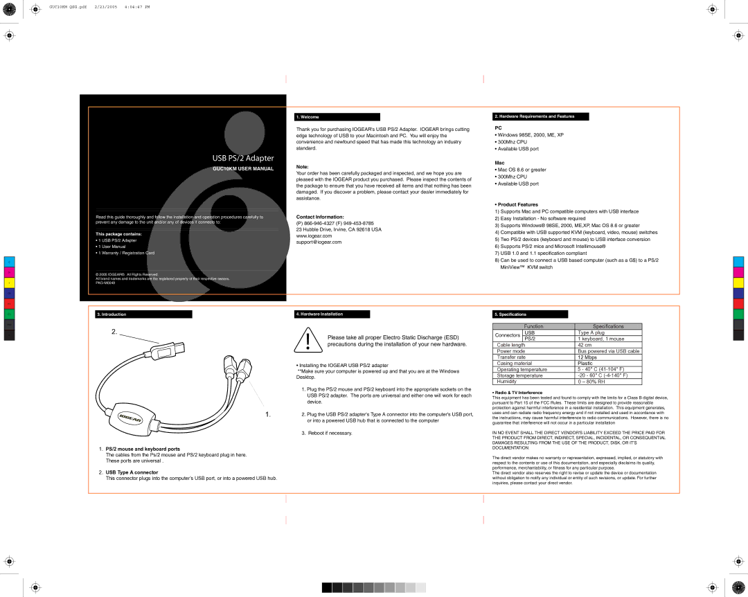 IOGear PKG-M0049 user manual USB PS/2 Adapter 