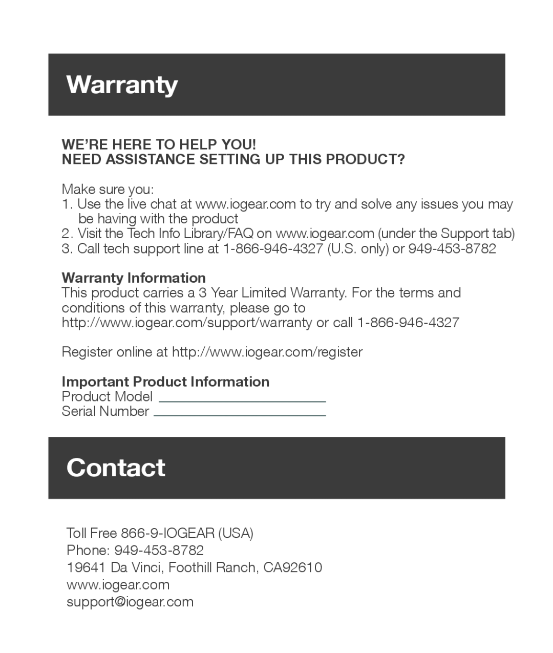 IOGear Q1338 quick start Warranty, Contact 