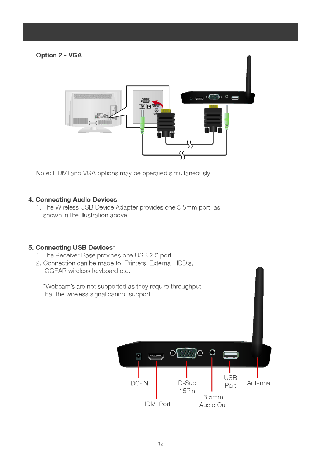 IOGear wireless 1080p computer to hd display kit (mac) Option 2 VGA Connecting Audio Devices, Connecting USB Devices 