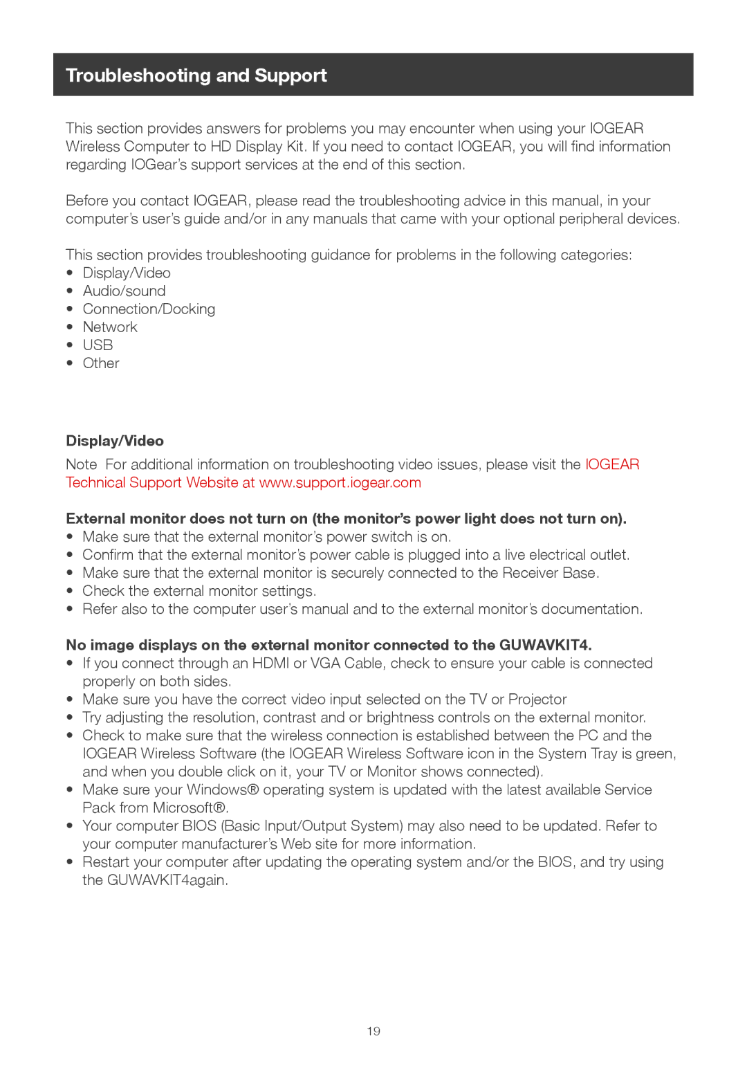 IOGear wireless 1080p computer to hd display kit (mac) user manual Troubleshooting and Support 