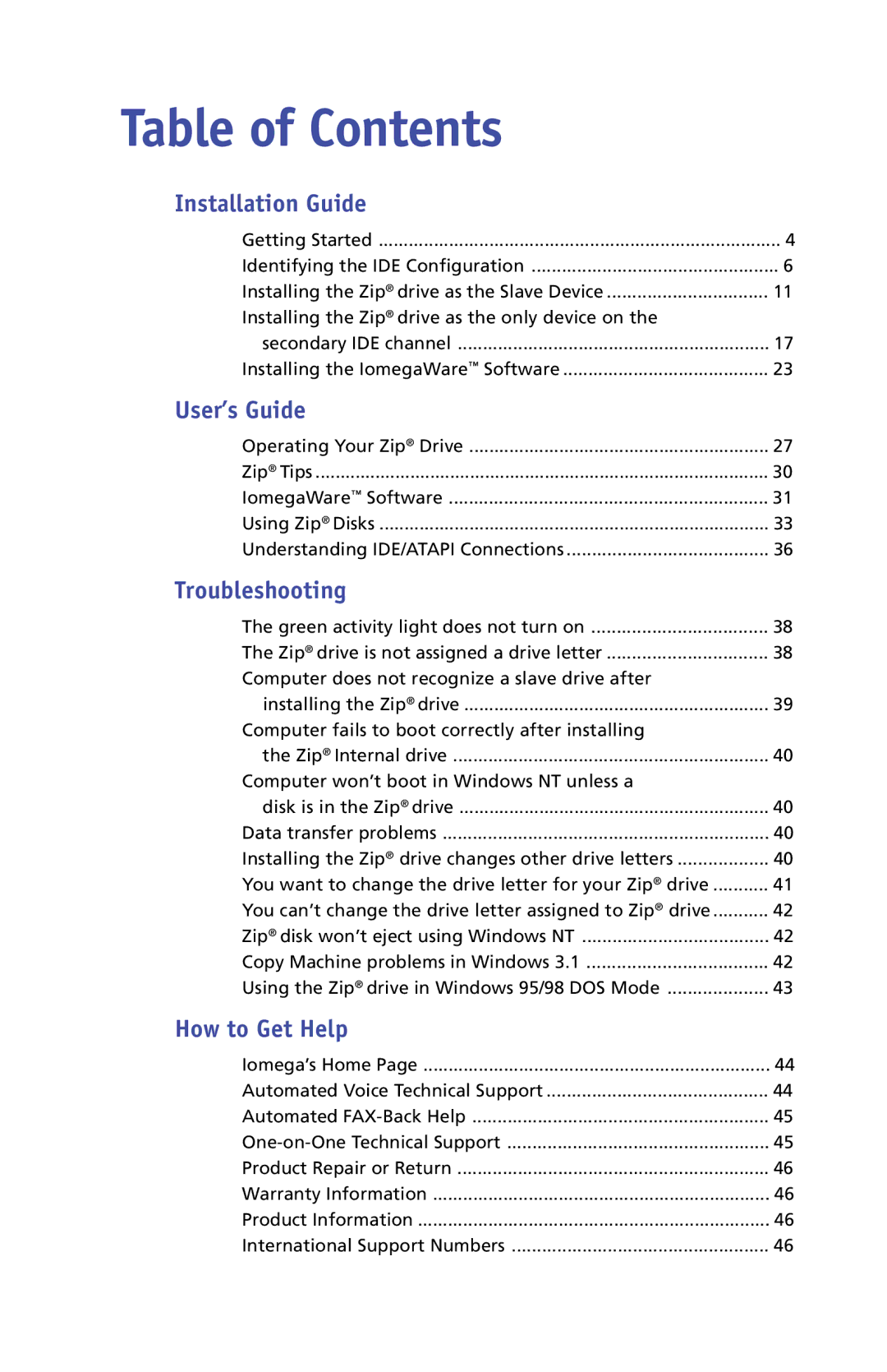 Iomega 03798300 owner manual Table of Contents 