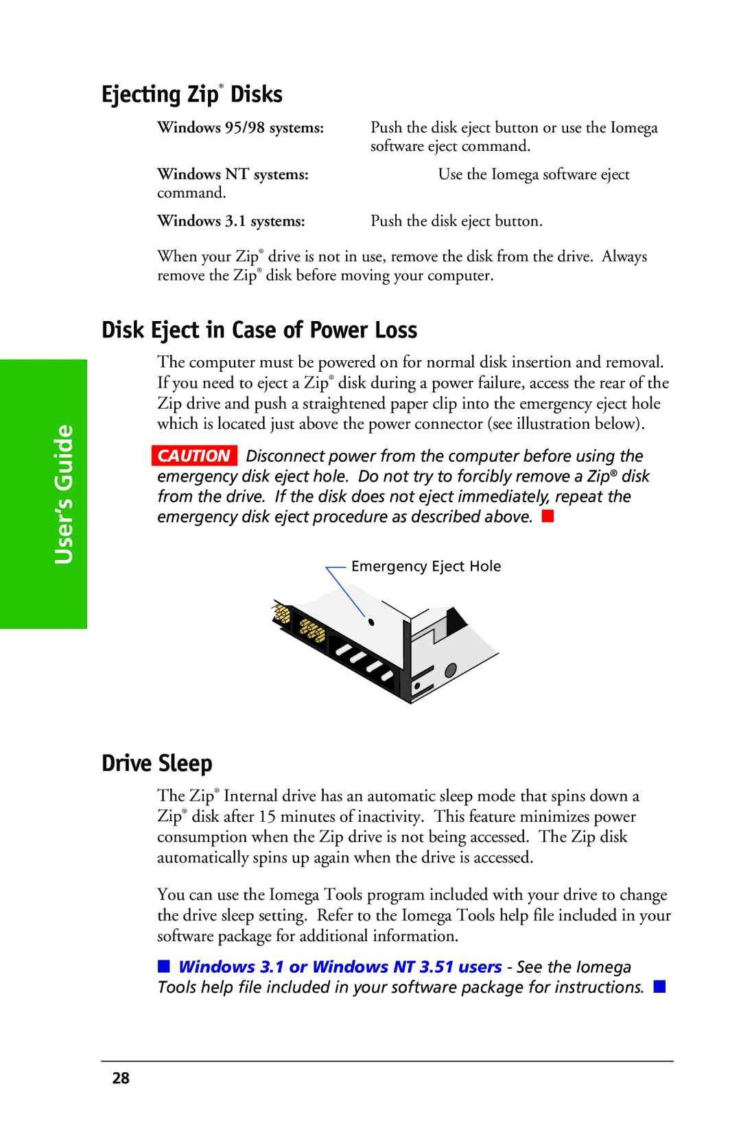 Iomega 03798300 owner manual Ejecting Zip Disks, Disk Eject in Case of Power Loss, Drive Sleep 